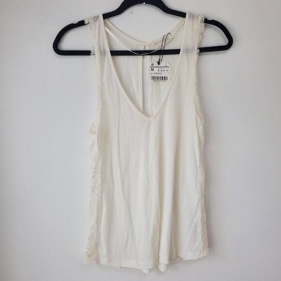 NWT Zara V-Neck Sleeveless Tank Top Lace See-Through Sides Viscose M - Picture 1 of 8